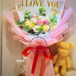 Hoa sáp 3 lớp- 12 hồng mix- giấy hồng ily