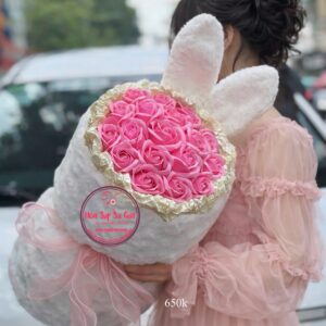 Bunny trắng- hoa sáp 3 lớp- hồng dâu