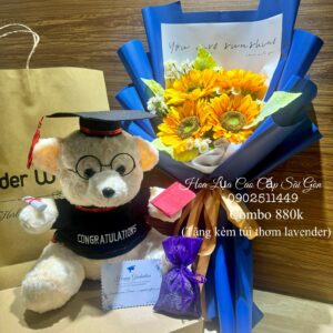 Hướng dương lụa+ gấu lông xù kem