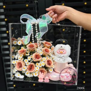 Vali mica cao cấp 30.35.18cm: TEDDY LULU trắng* hoa cao cấp mix
