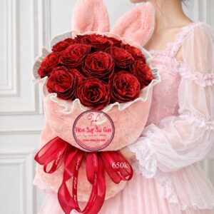 BUNNY: hồng+ hoa sáp kim tuyến- màu đỏ
