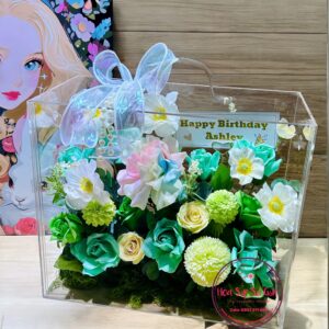 Vali mica cao cấp 30.35.18cm: hoa sáp mix tông xanh lá