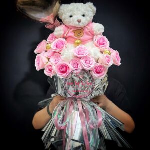 Hoa sáp cao cấp tông hồng- Teddy trắng- giấy bạc