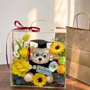 VB14 Teddy gấu tốt nghiệp* Hoa sáp - Vali mica cao cấp 28.28.15cm