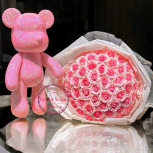 BEAR BRICK + Hoa sáp 7 lớp- hồng song hỷ- giấy trắng