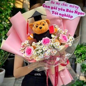 Hoa lụa tana+ hoa sáp song hỷ * gấu tốt nghiệp nâu - giấy hồng pastel 2mvh