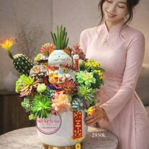 Chậu sen đá vĩnh cửu+ mèo thần tài vẫy tay