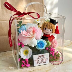 VB29 Doll nữ len handmade tốt nghiệp* Hoa sáp mix - Vali mica cao cấp 20.20.15cm